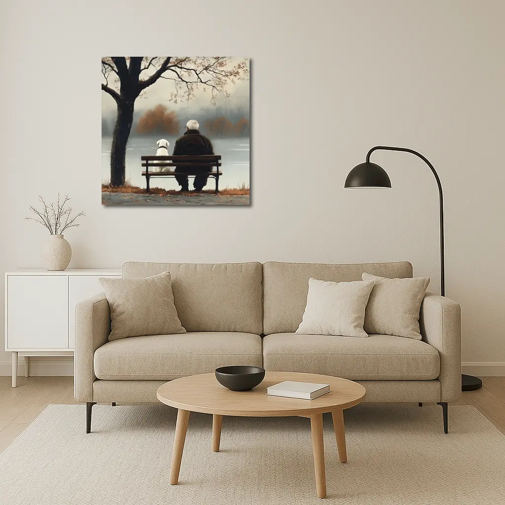 Old Man And Dog Bench Lake Autumn – Wall Art
