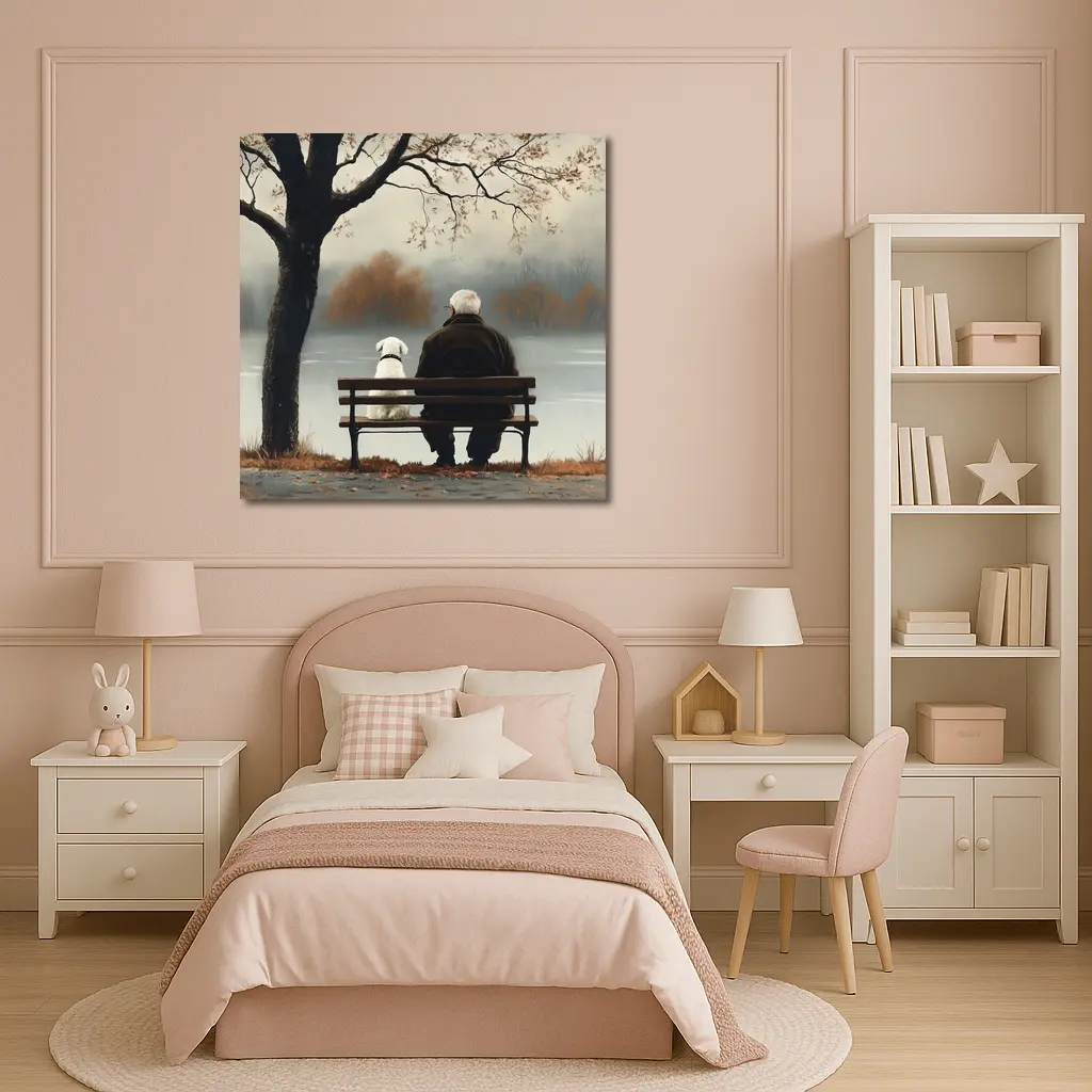 Old Man And Dog Bench Lake Autumn – Wall Art