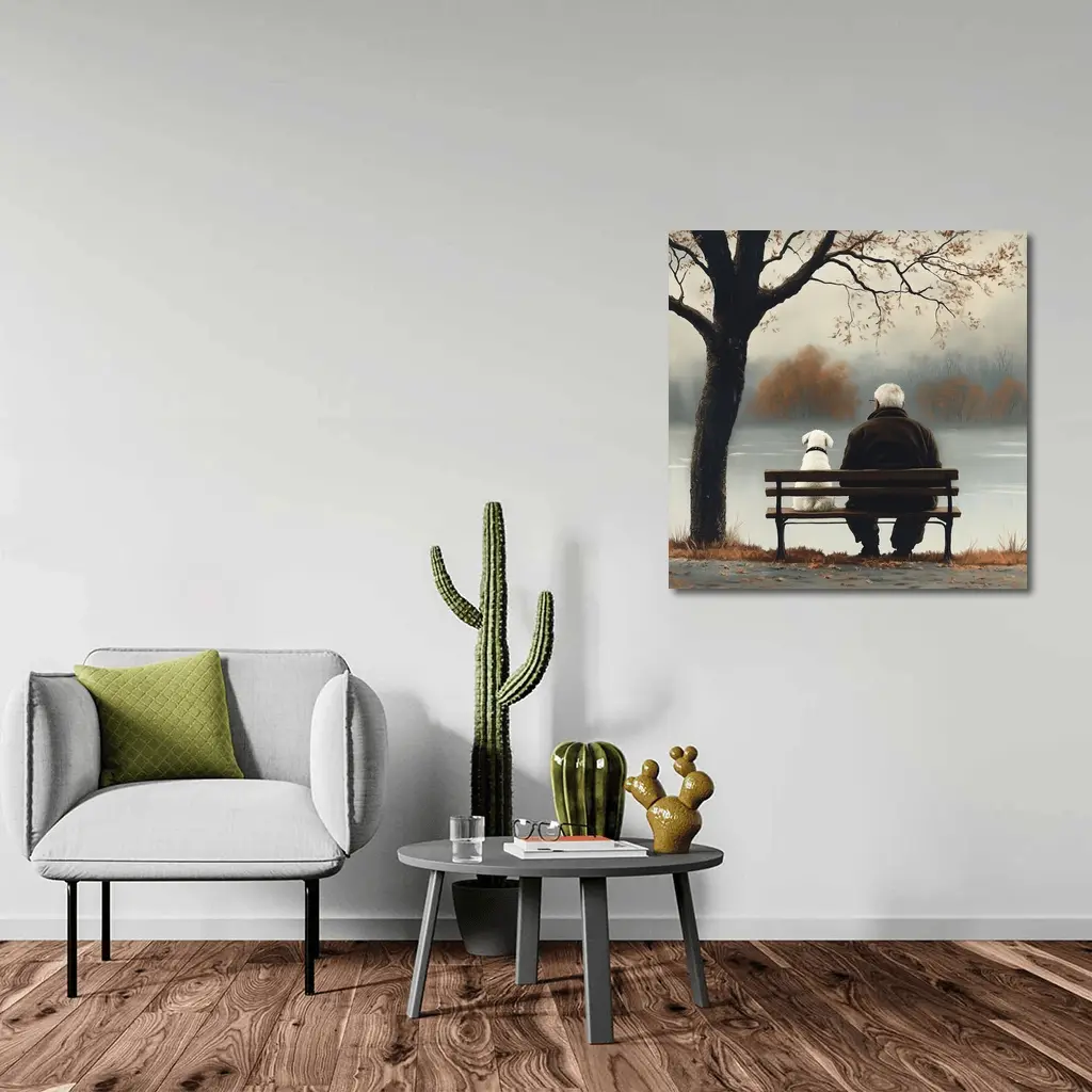 Old Man And Dog Bench Lake Autumn – Wall Art