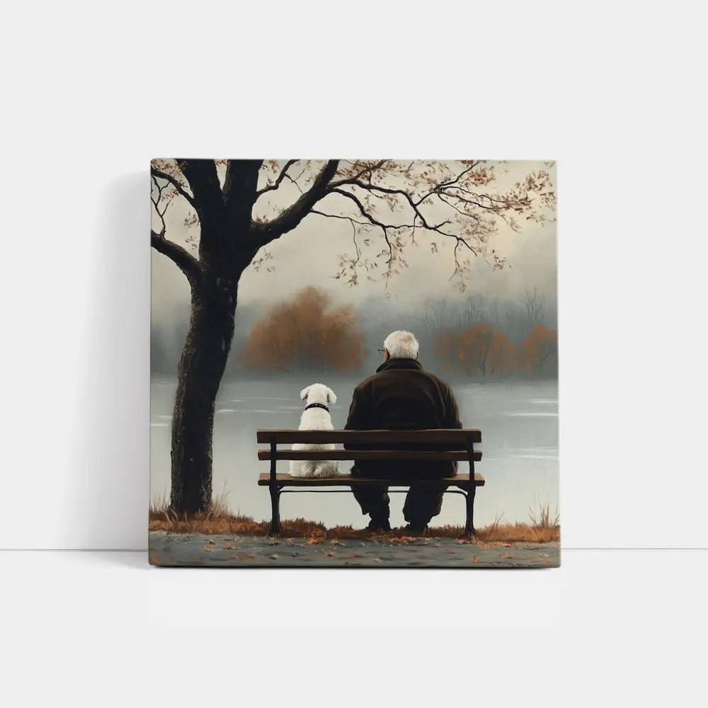 Old Man And Dog Bench Lake Autumn – Wall Art
