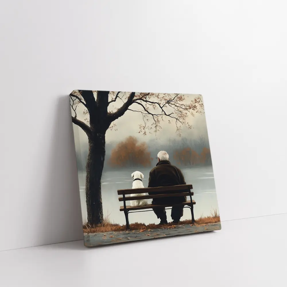 Old Man And Dog Bench Lake Autumn – Wall Art