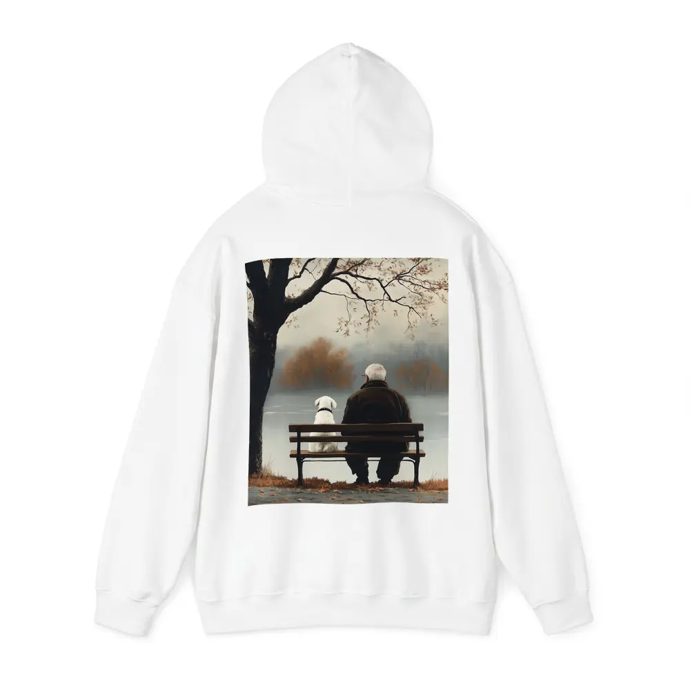 Old Man And Dog Bench Lake Autumn – Hoodies