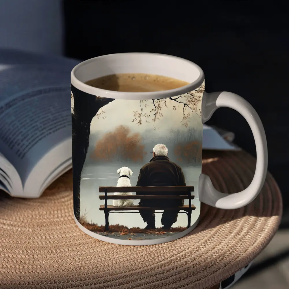 Old Man And Dog Bench Lake Autumn – Mugs