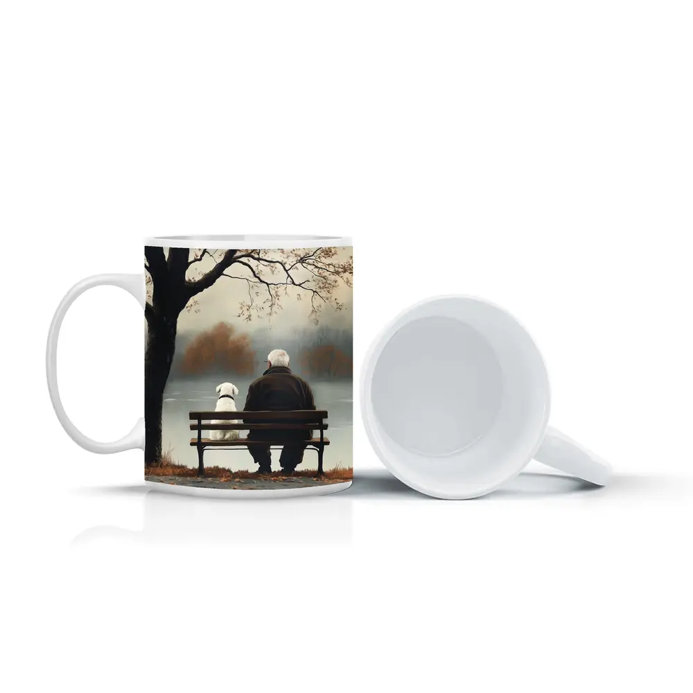 Old Man And Dog Bench Lake Autumn – Mugs
