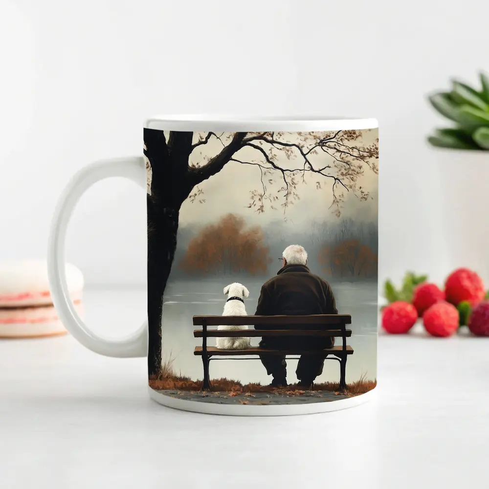 Old Man And Dog Bench Lake Autumn – Mugs