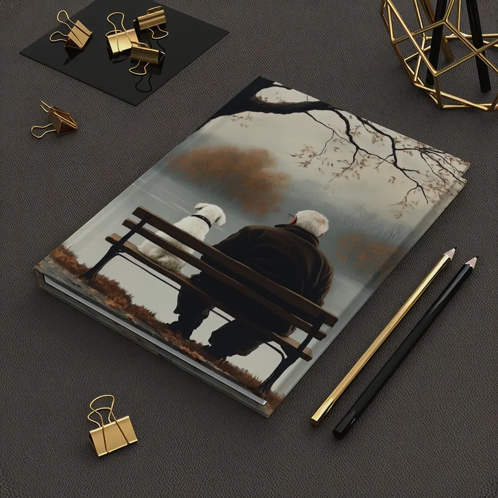 Old Man And Dog Bench Lake Autumn – Notebooks