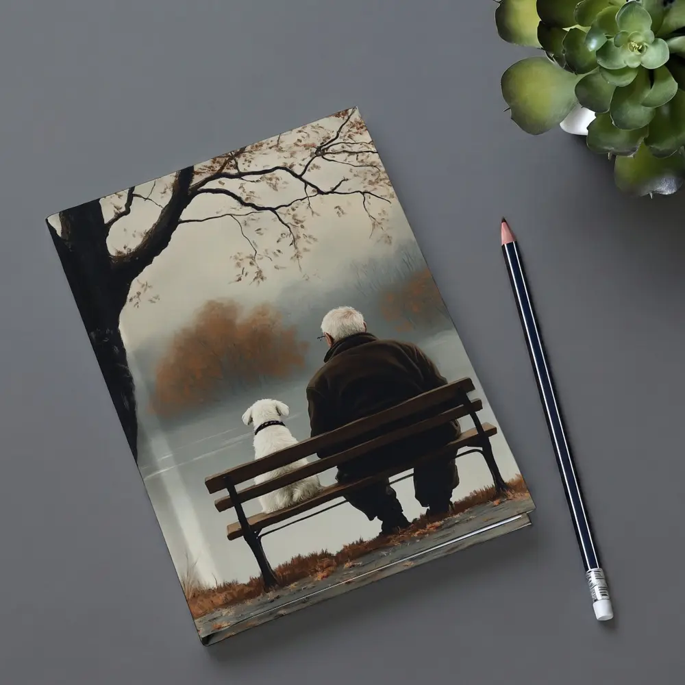 Old Man And Dog Bench Lake Autumn – Notebooks