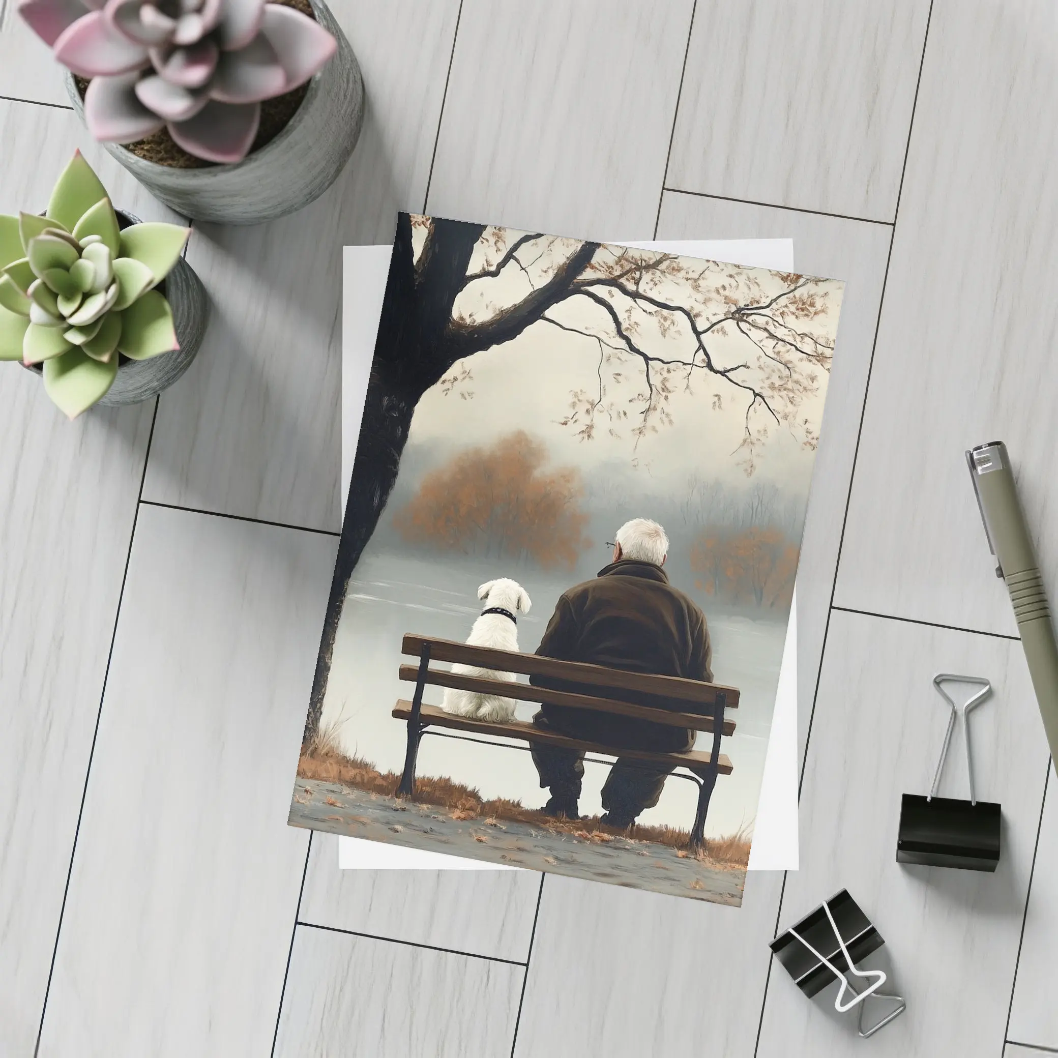 Old Man And Dog Bench Lake Autumn – Postcards