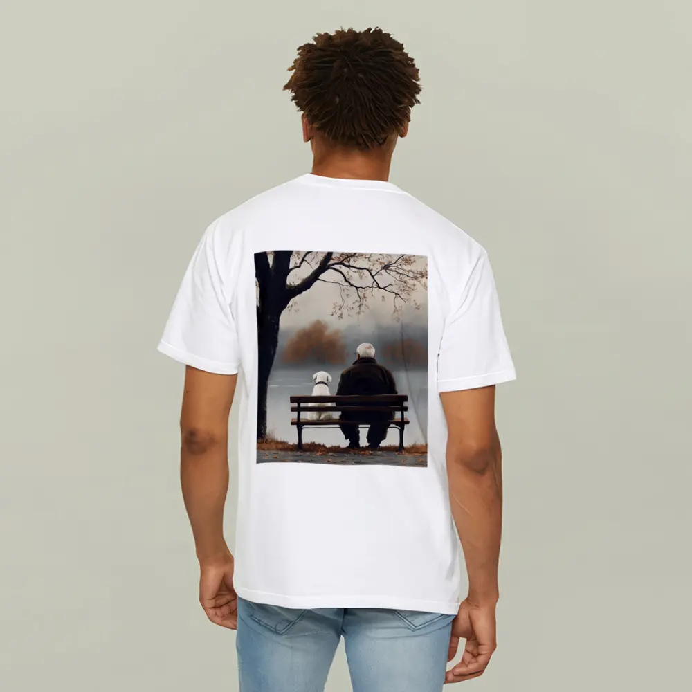 Old Man And Dog Bench Lake Autumn – T-Shirts