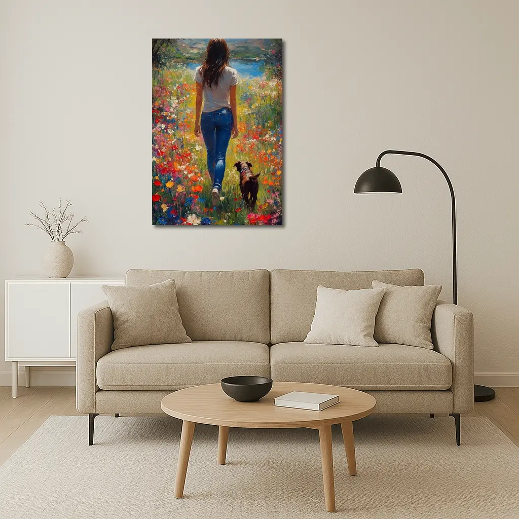 Woman Walking Dog Through Colorful Wildflower Field – Wall Art