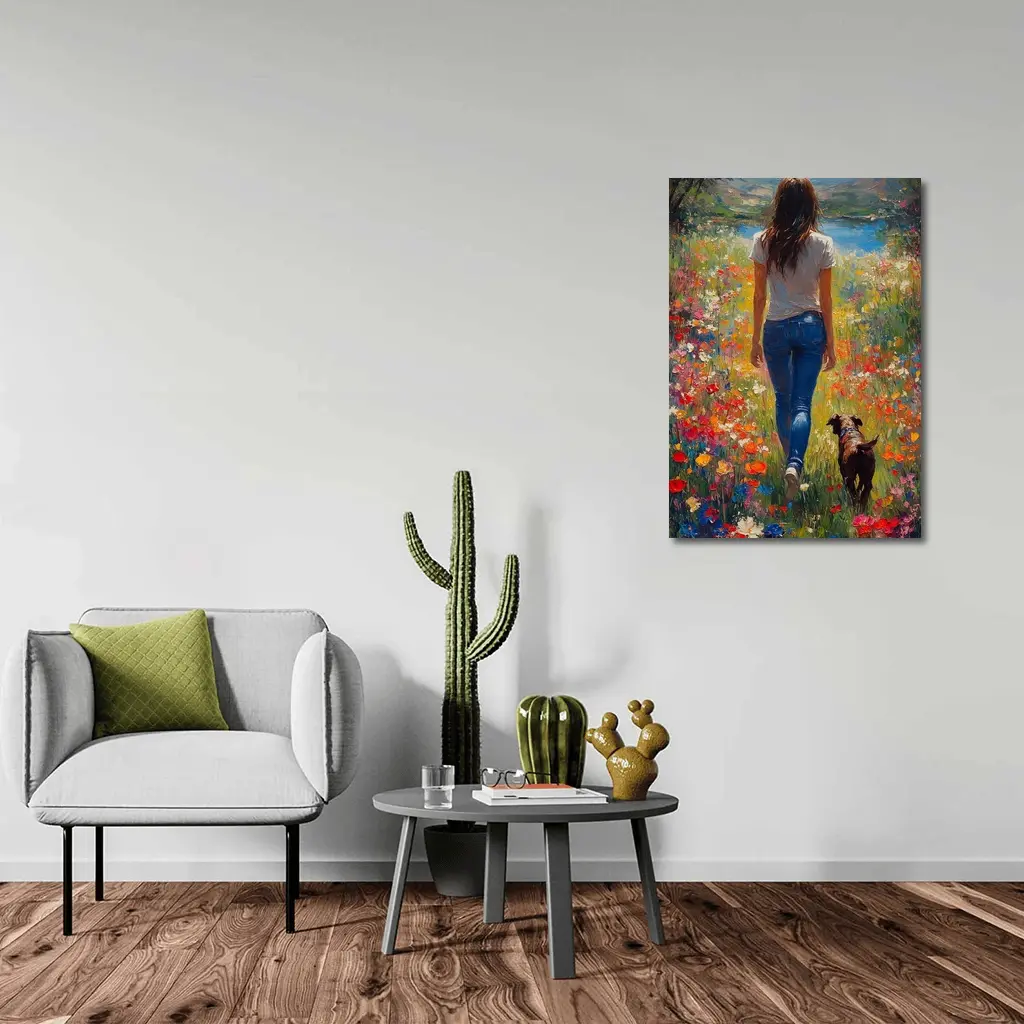 Woman Walking Dog Through Colorful Wildflower Field – Wall Art