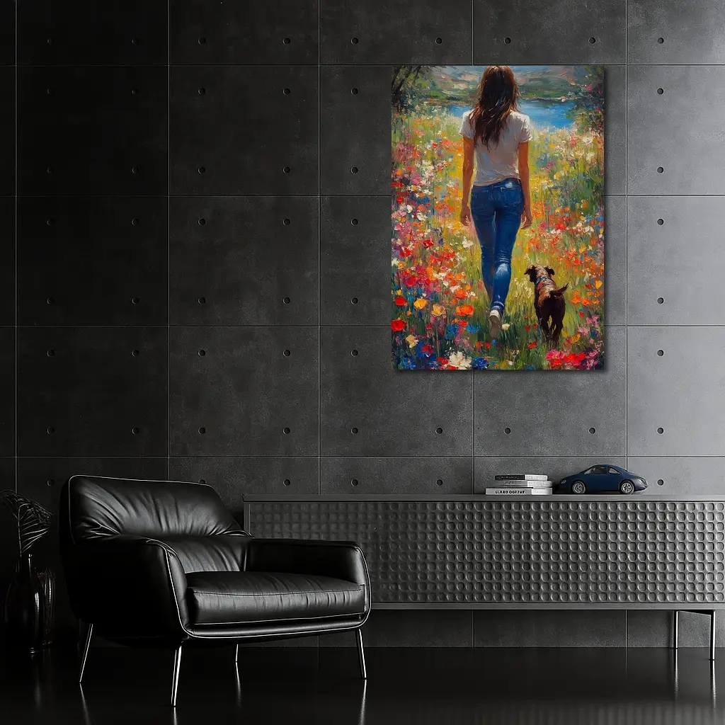 Woman Walking Dog Through Colorful Wildflower Field – Wall Art