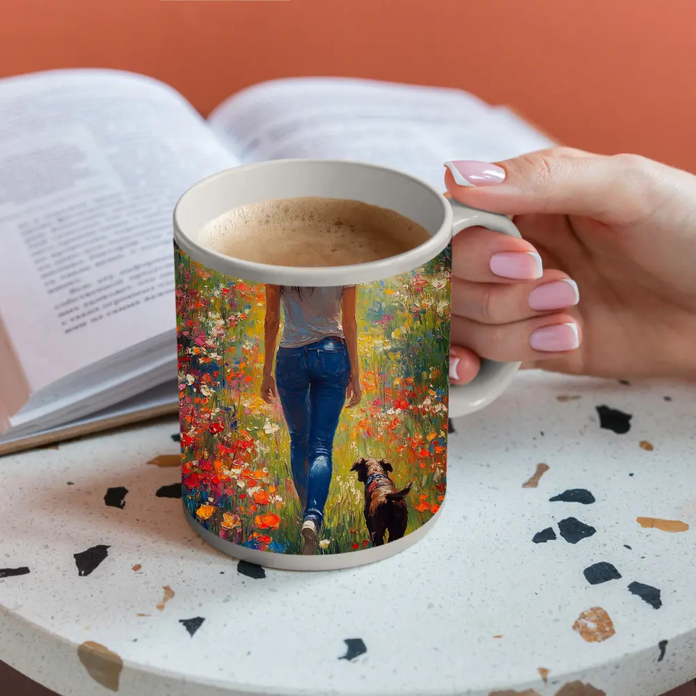 Woman Walking Dog Through Colorful Wildflower Field – Mugs