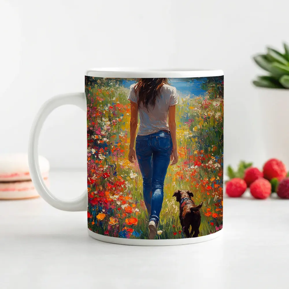 Woman Walking Dog Through Colorful Wildflower Field – Mugs