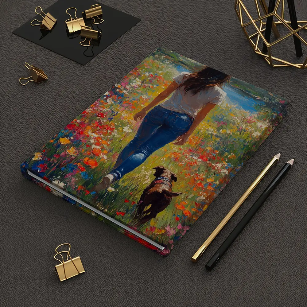 Woman Walking Dog Through Colorful Wildflower Field – Notebooks