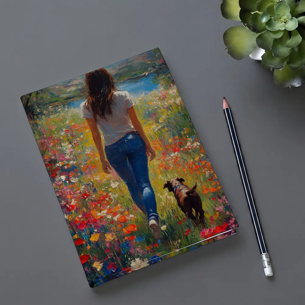 Woman Walking Dog Through Colorful Wildflower Field – Notebooks