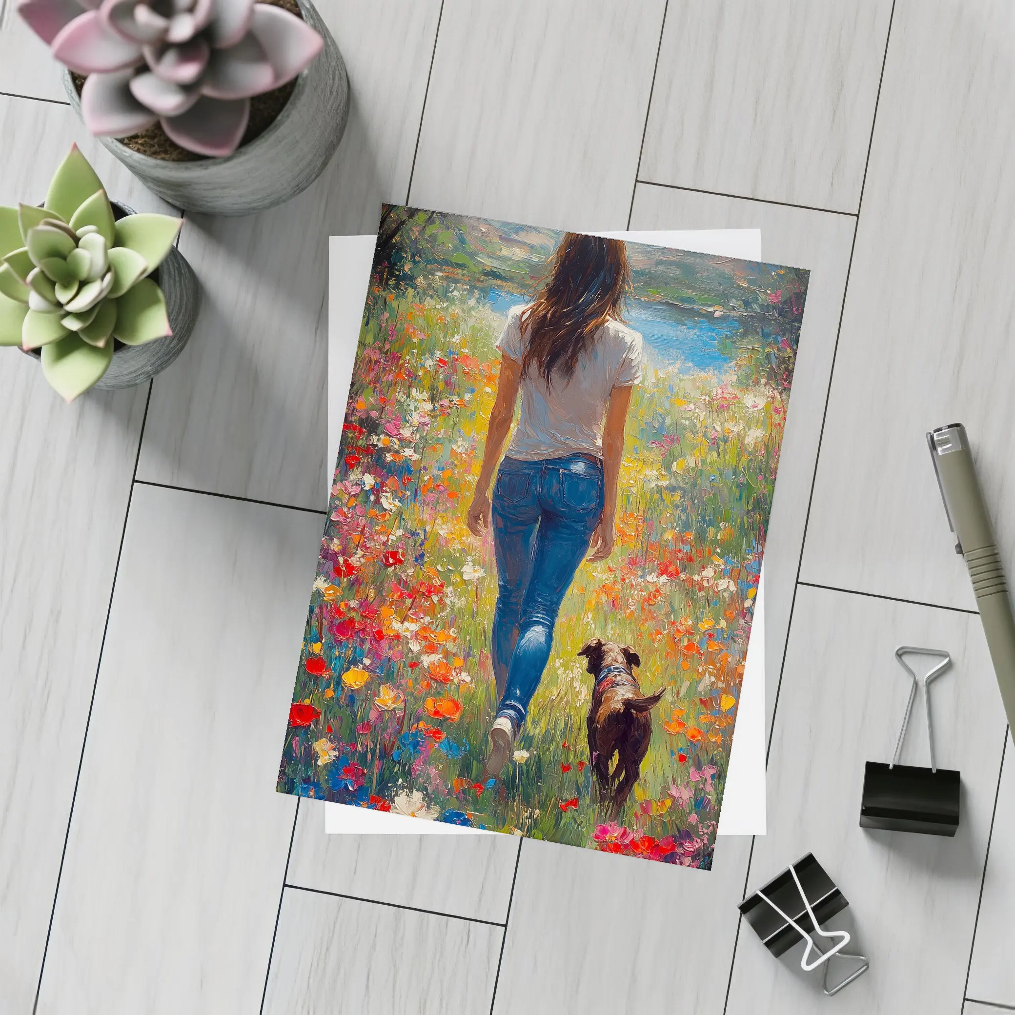 Woman Walking Dog Through Colorful Wildflower Field – Postcards