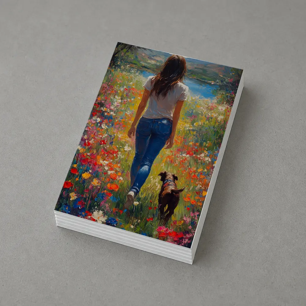 Woman Walking Dog Through Colorful Wildflower Field – Postcards