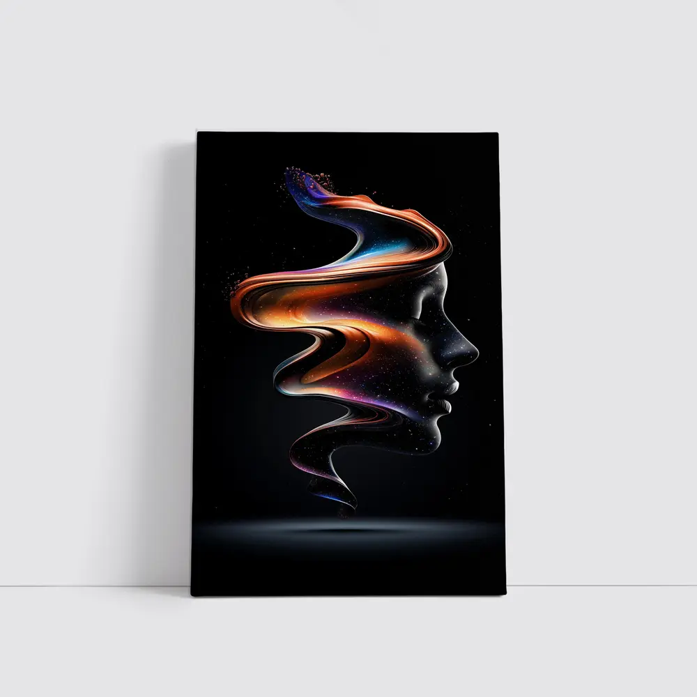 Abstract Female Face Cosmic Fluid Art Black – Wall Art