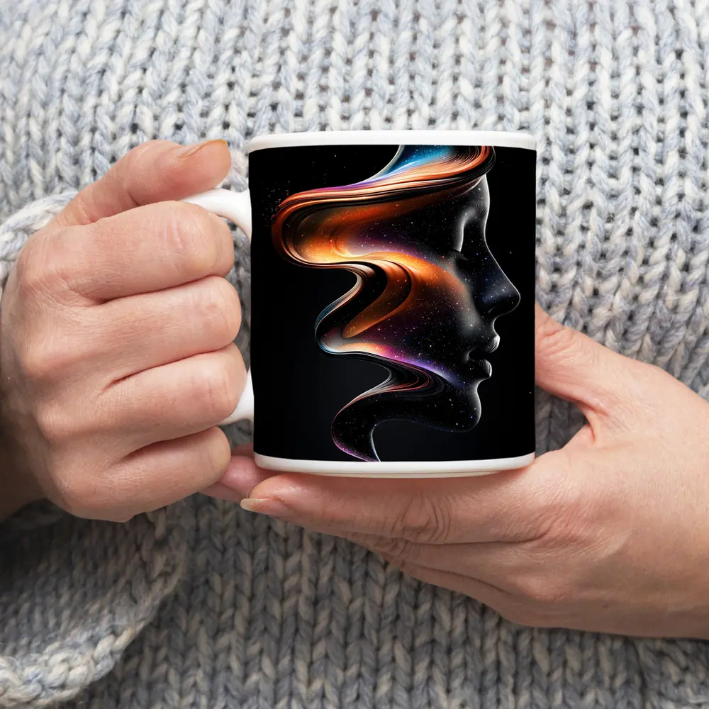 Abstract Female Face Cosmic Fluid Art Black – Mugs
