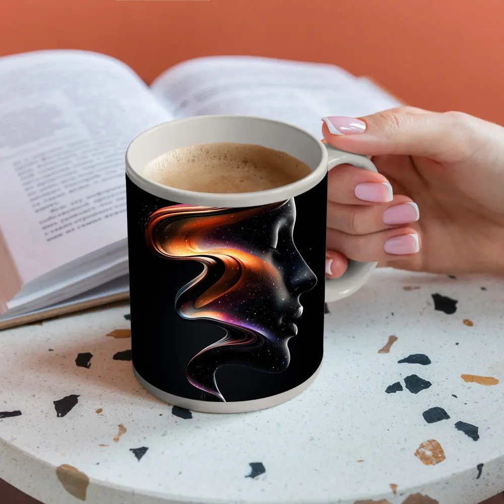 Abstract Female Face Cosmic Fluid Art Black – Mugs