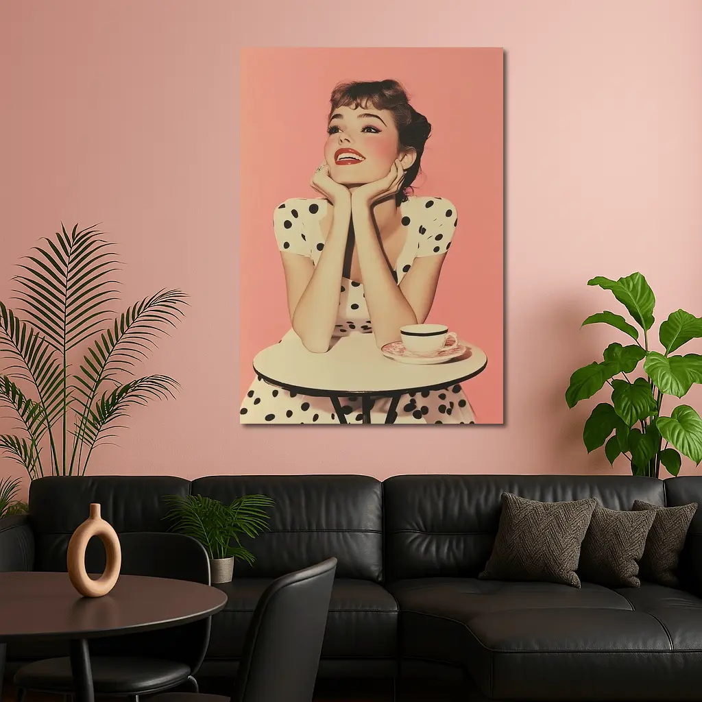Retro Woman Coffee Table Pink Background – Wall Art