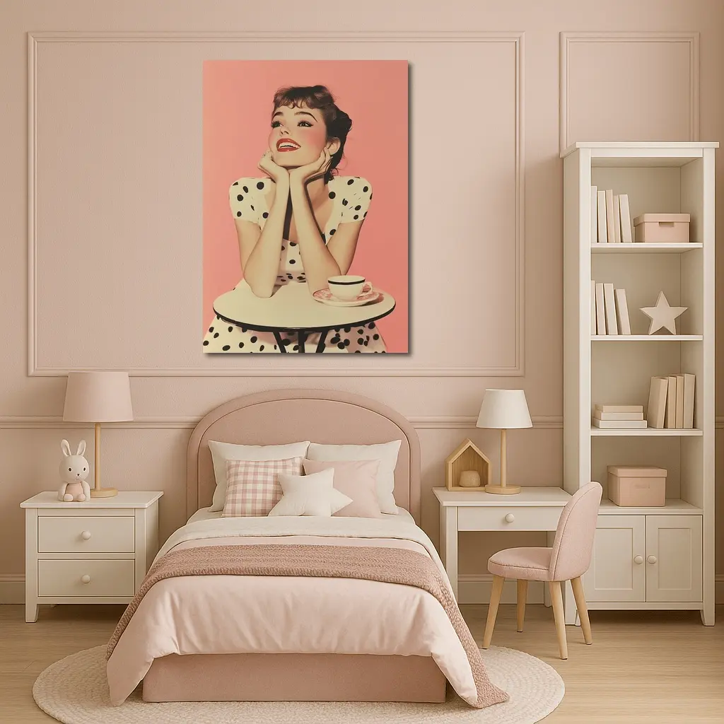 Retro Woman Coffee Table Pink Background – Wall Art