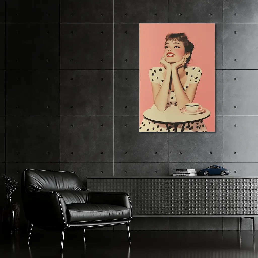 Retro Woman Coffee Table Pink Background – Wall Art