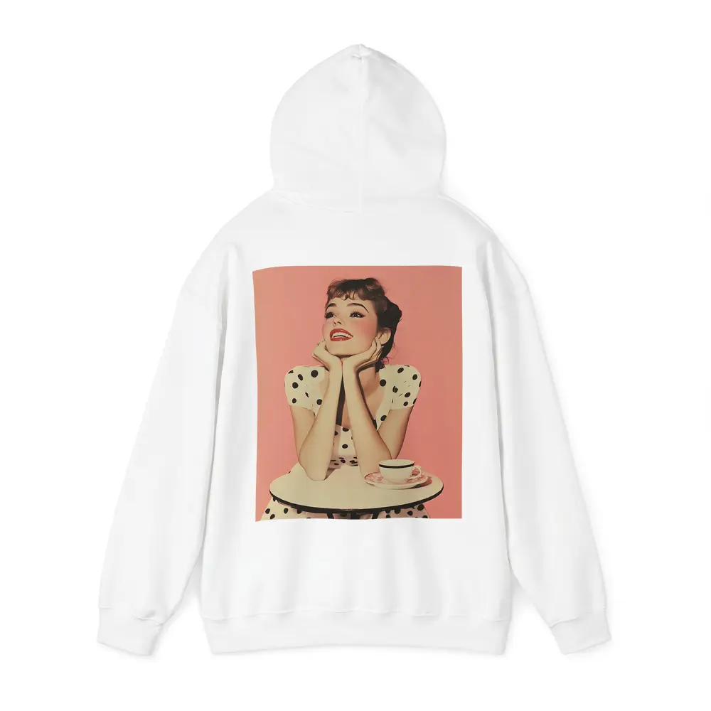 Retro Woman Coffee Table Pink Background – Hoodies