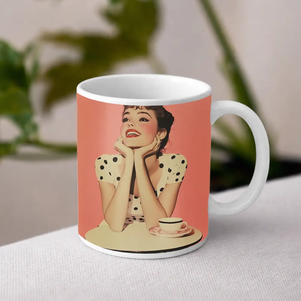 Retro Woman Coffee Table Pink Background – Mugs