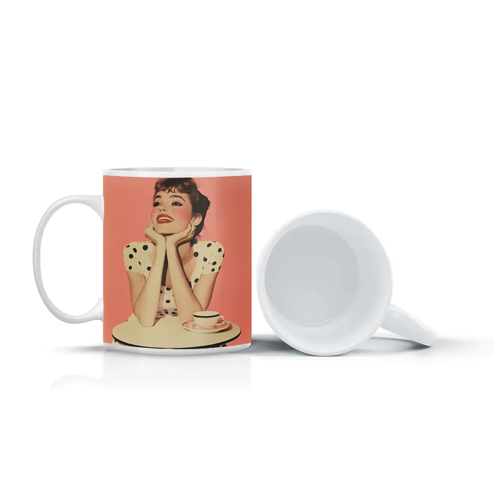 Retro Woman Coffee Table Pink Background – Mugs