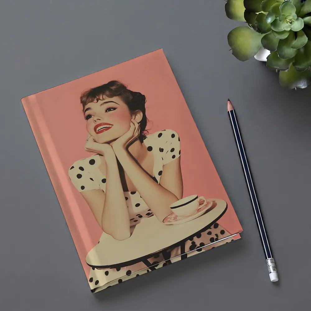 Retro Woman Coffee Table Pink Background – Notebooks