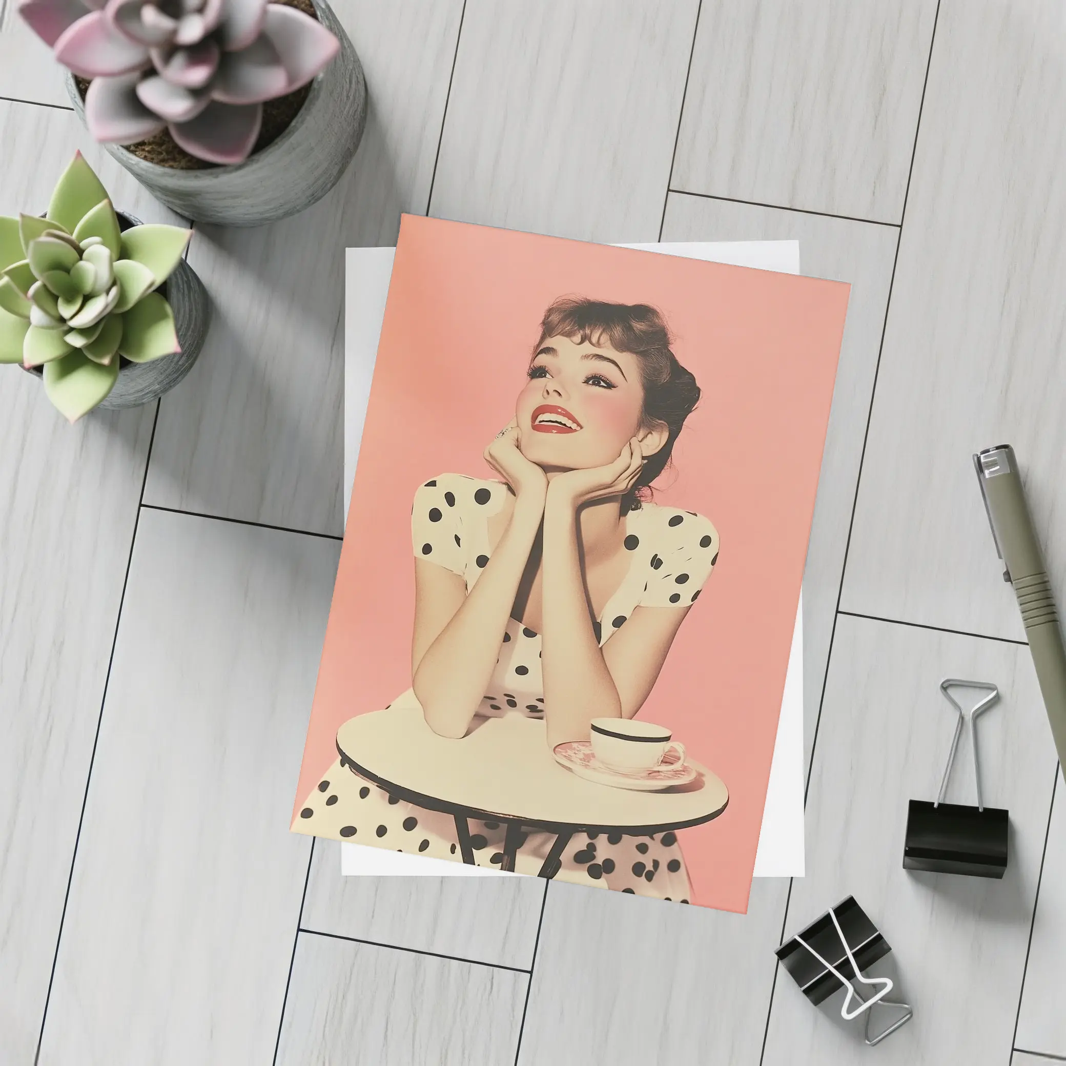 Retro Woman Coffee Table Pink Background – Postcards
