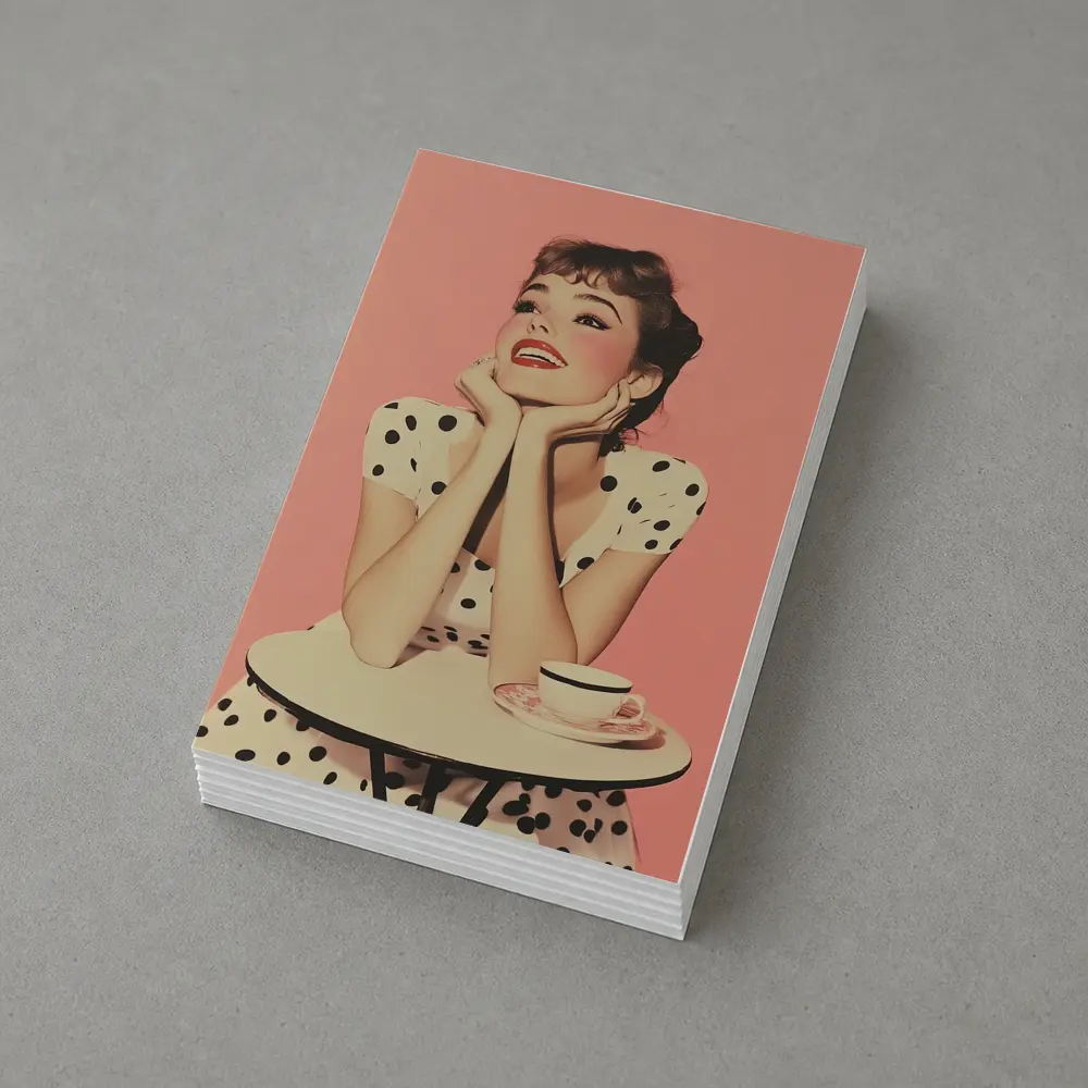 Retro Woman Coffee Table Pink Background – Postcards