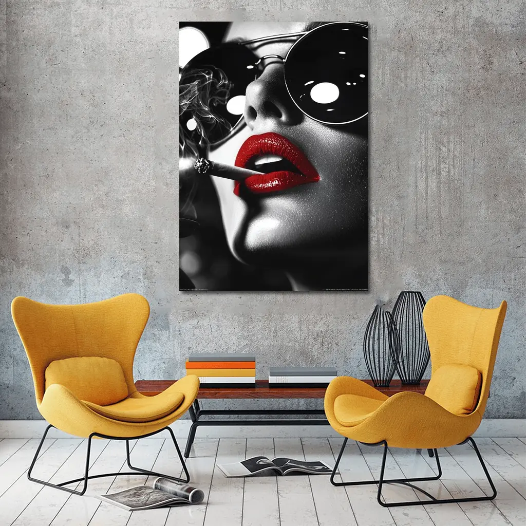 Woman Red Lips Sunglasses Black White – Wall Art