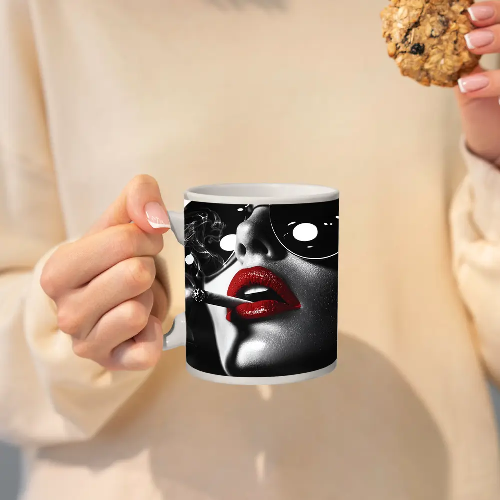 Woman Red Lips Sunglasses Black White – Mugs