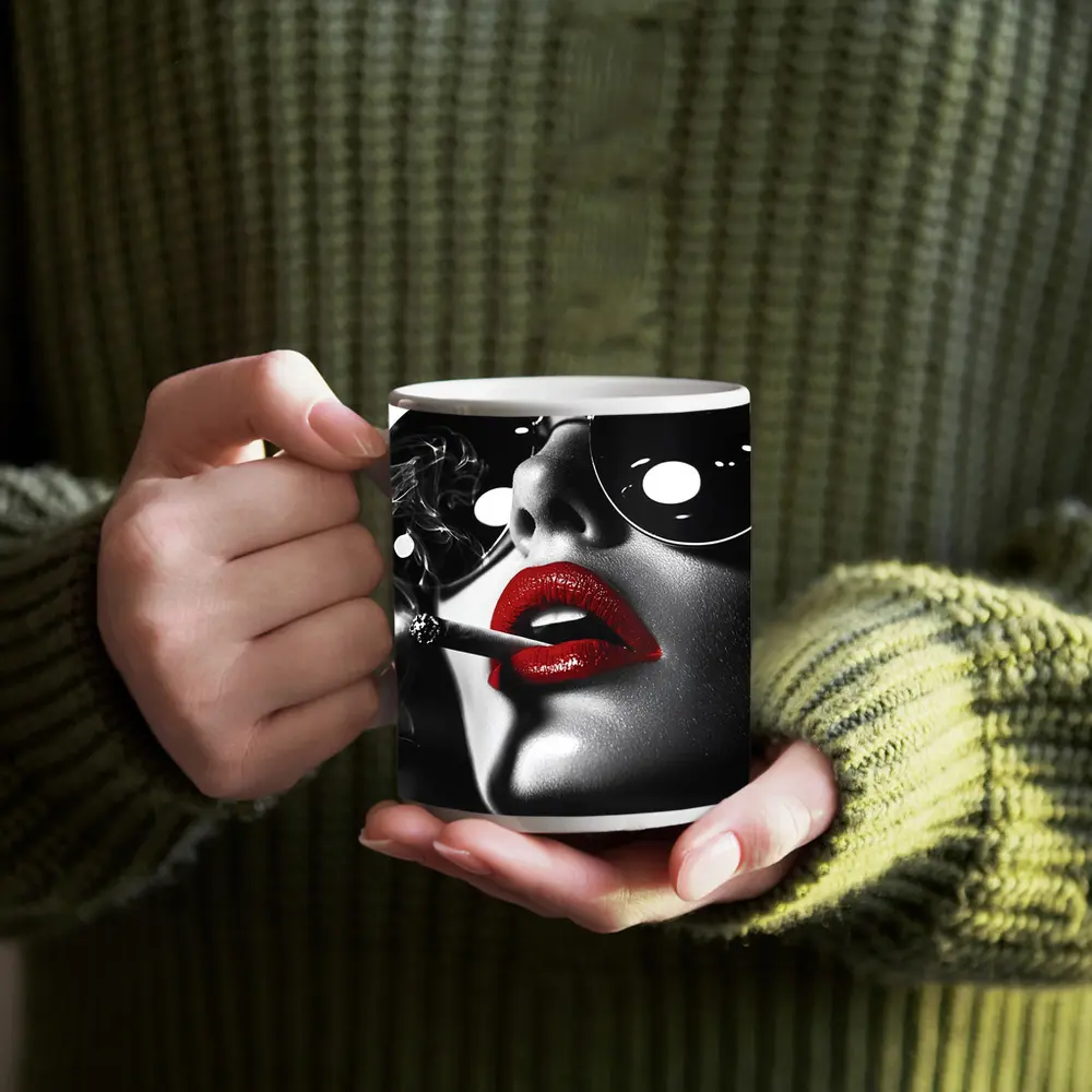 Woman Red Lips Sunglasses Black White – Mugs
