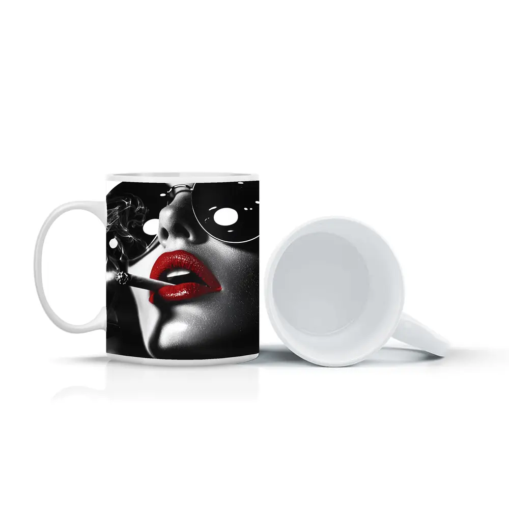 Woman Red Lips Sunglasses Black White – Mugs