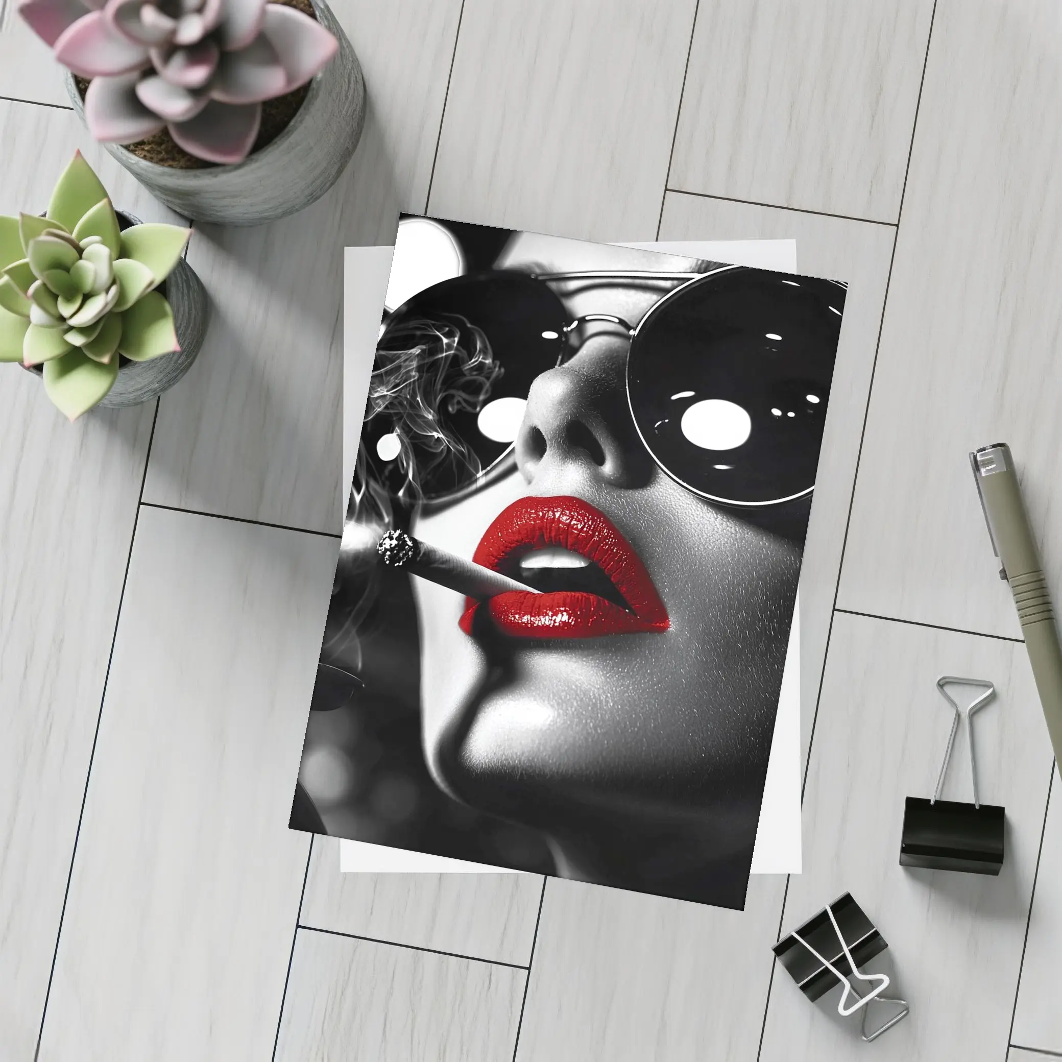 Woman Red Lips Sunglasses Black White – Postcards