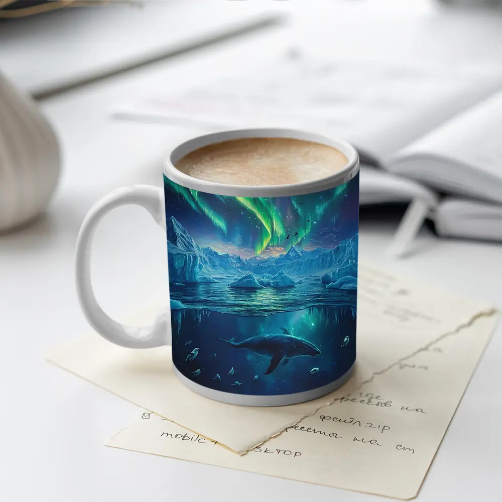 Whale Swimming Under Northern Lights Arctic – Mugs