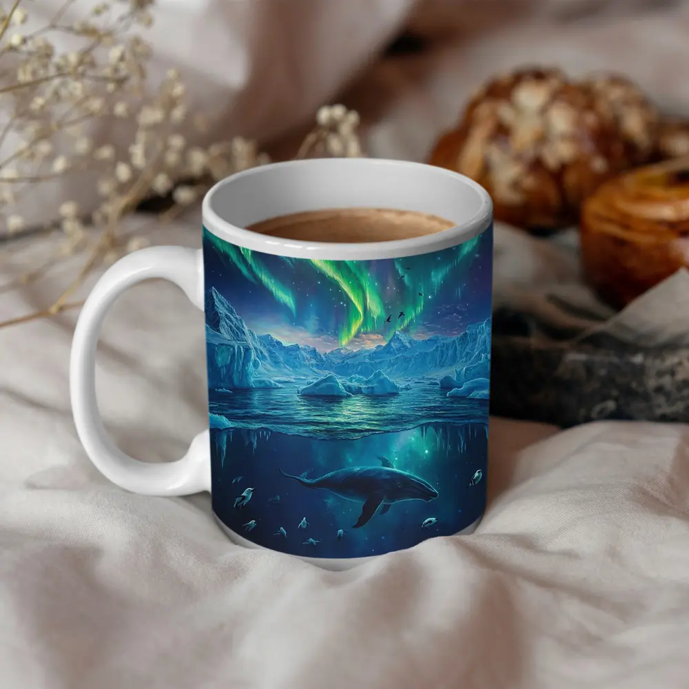 Whale Swimming Under Northern Lights Arctic – Mugs