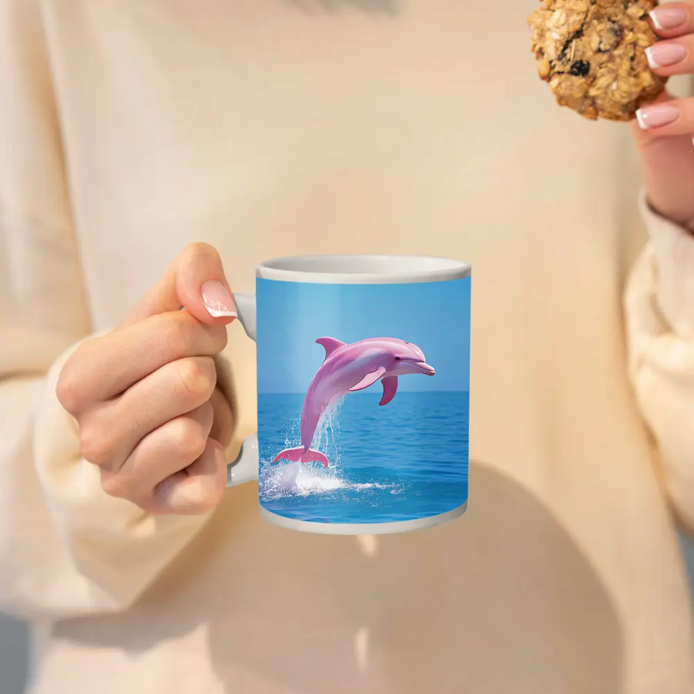 Pink Dolphin Leaping Over Blue Ocean – Mugs