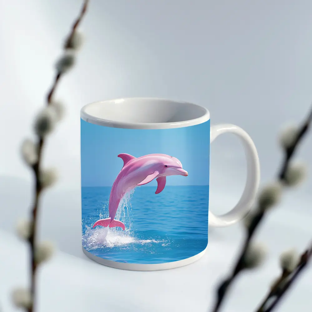 Pink Dolphin Leaping Over Blue Ocean – Mugs