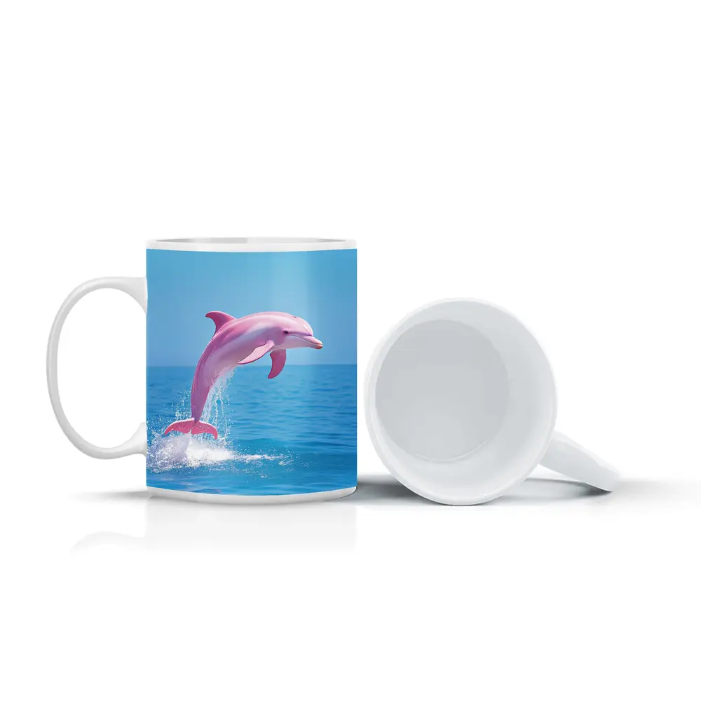 Pink Dolphin Leaping Over Blue Ocean – Mugs
