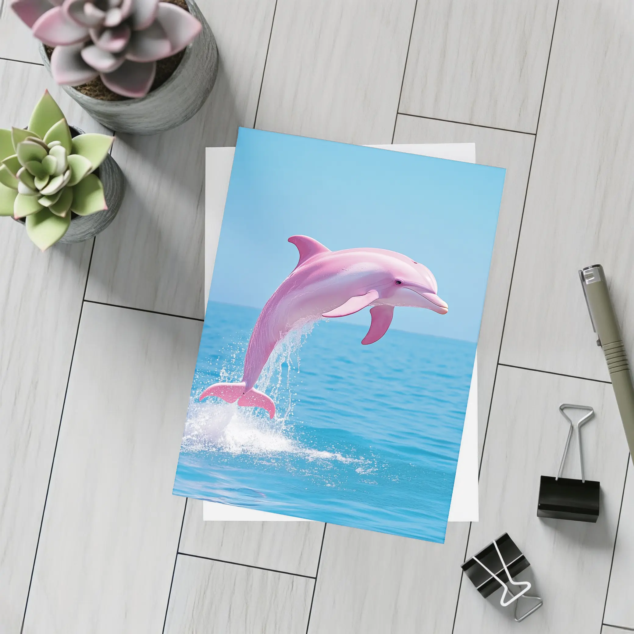 Pink Dolphin Leaping Over Blue Ocean – Postcards
