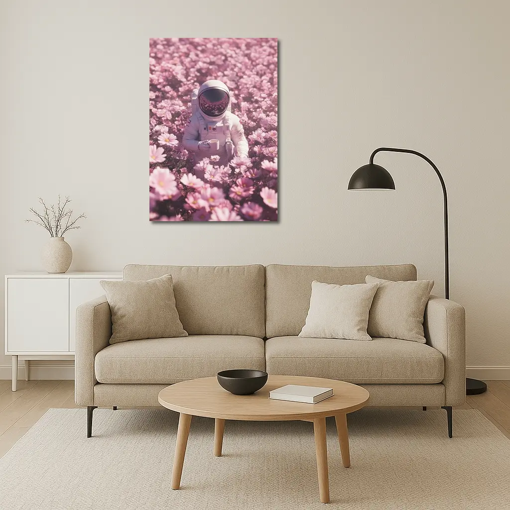 Astronaut Sitting In Pink Flower Field – Wall Art