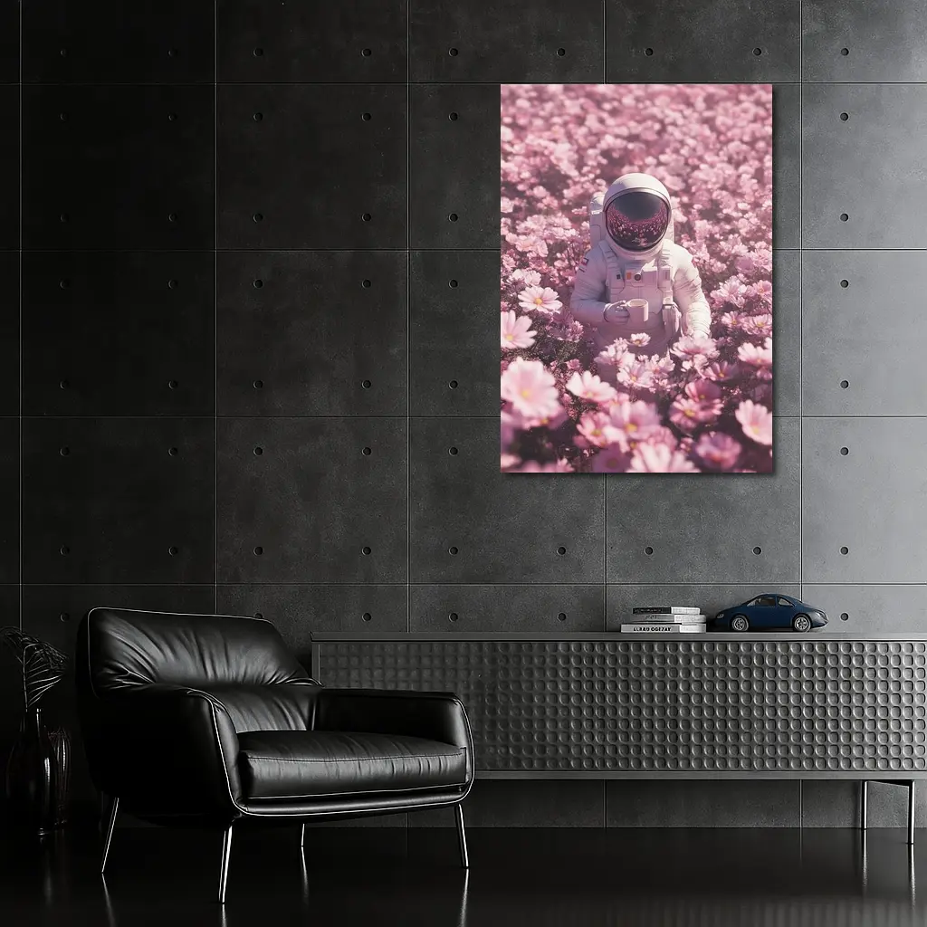 Astronaut Sitting In Pink Flower Field – Wall Art