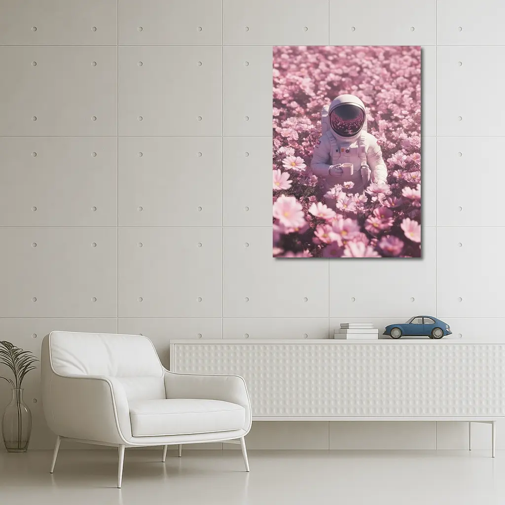 Astronaut Sitting In Pink Flower Field – Wall Art