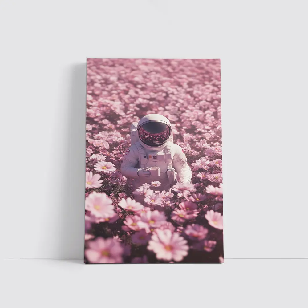 Astronaut Sitting In Pink Flower Field – Wall Art