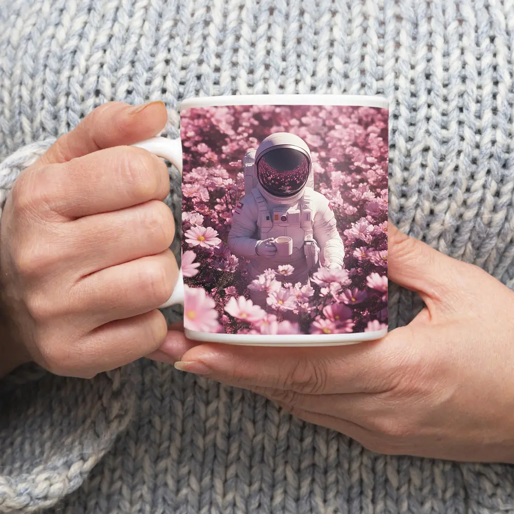 Astronaut Sitting In Pink Flower Field – Mugs